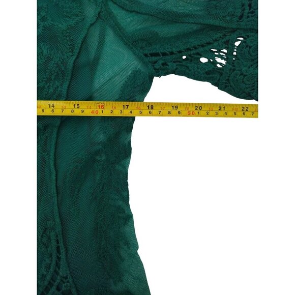 Green Lace Bell Sleeve Tunic Top Embroidered Sheer Overlay By Ultra Pink Womens - Picture 6 of 8